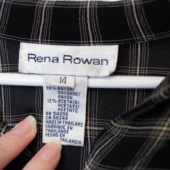 Windowpane Plaid Black Blouse VTG 14 Button Front Long Sleeve Rena Rowan - Picture 7 of 9